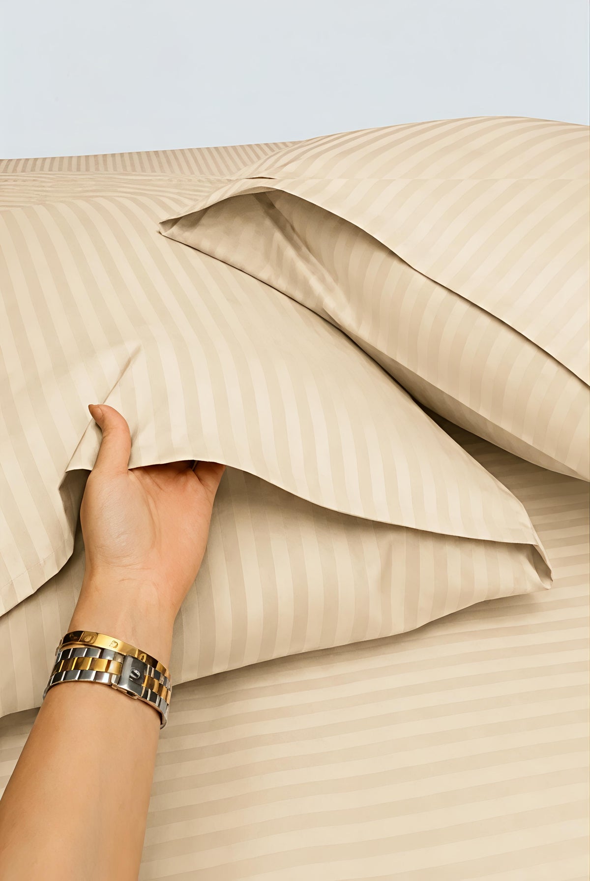 Stripe Fitted Bedsheet With 2Pillow Case (Baige)