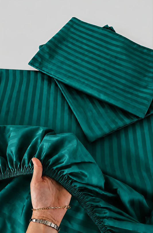 Stripe Fitted Bedsheet With 2Pillow Case (Deep Teal Green)