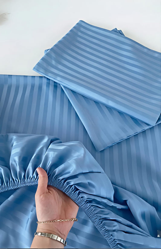 Stripe Fitted Bedsheet With 2Pillow Case ( Sky blue)