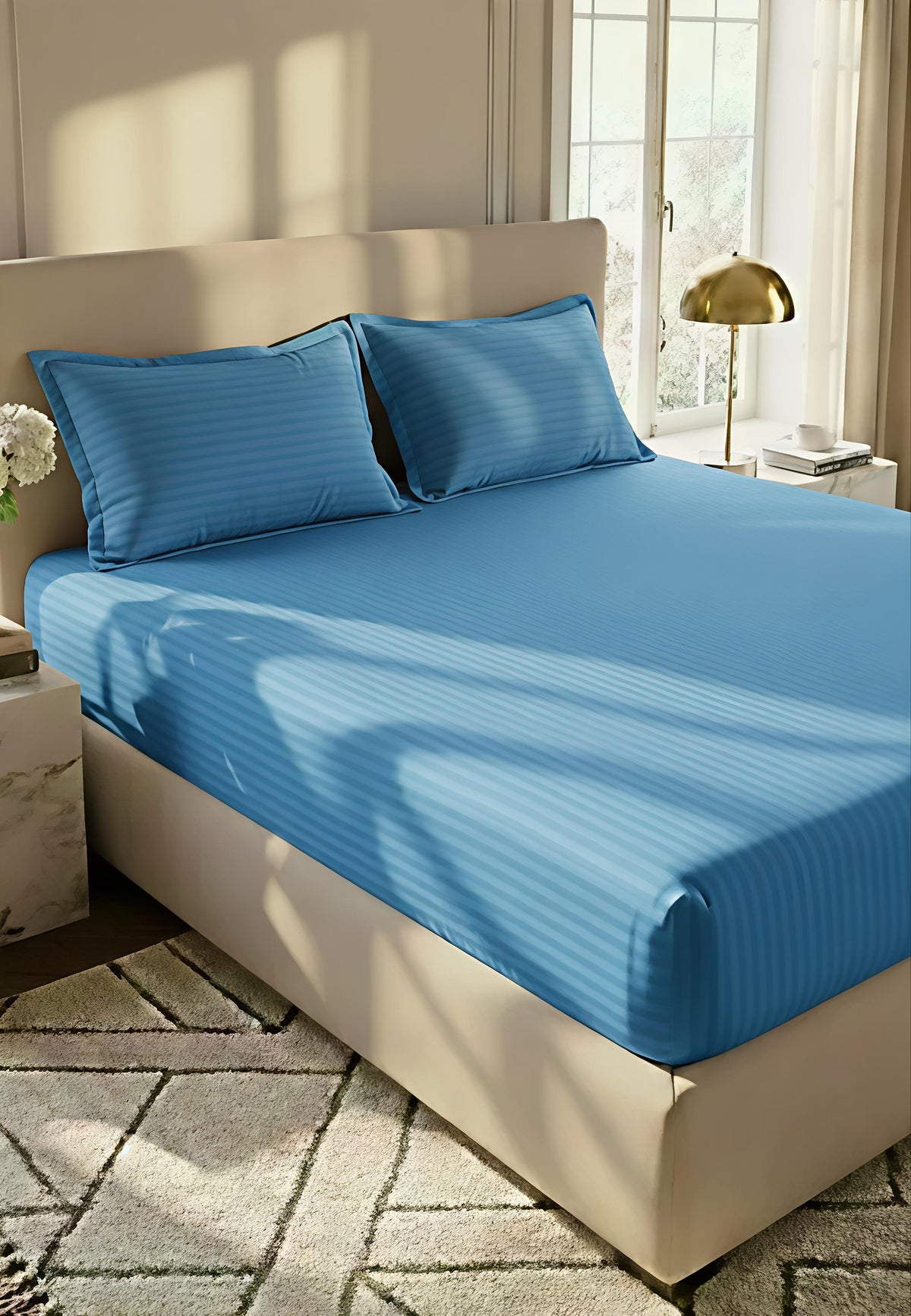 Stripe Fitted Bedsheet With 2Pillow Case ( Sky blue)