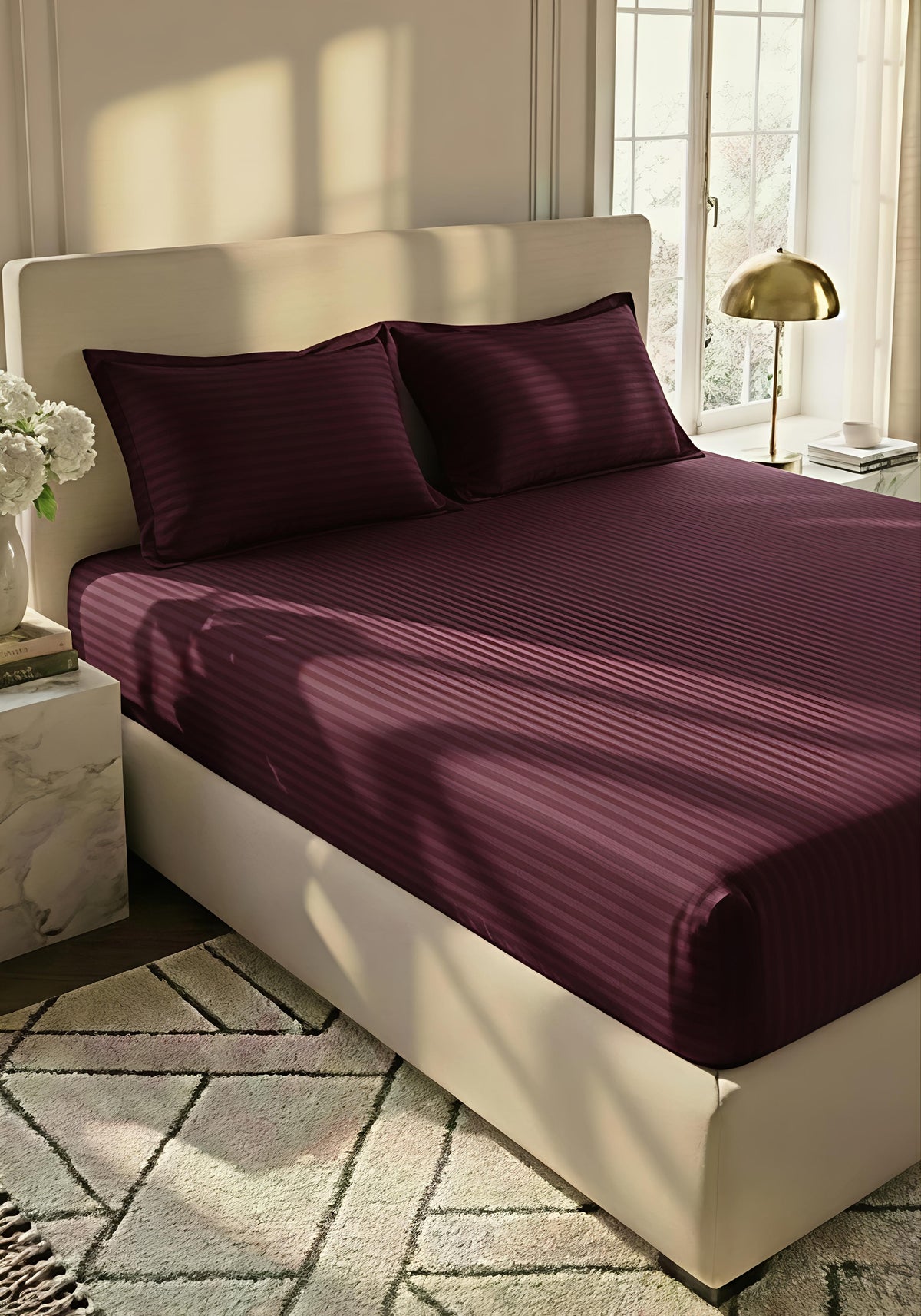 Stripe Fitted Bedsheet With 2Pillow Case (Deep Purple)