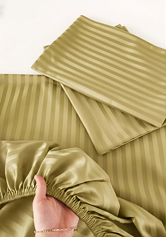 Stripe Fitted Bedsheet With 2Pillow Case (Olive)