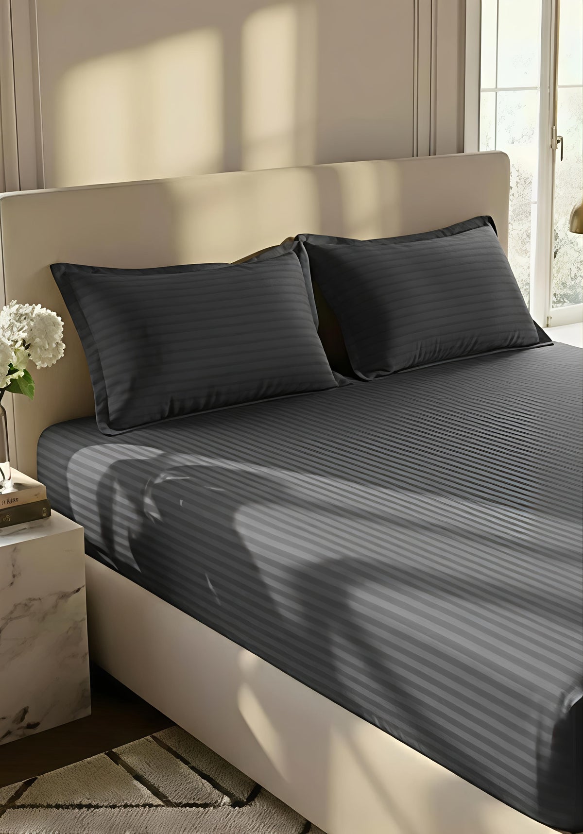 Stripe Fitted Bedsheet With 2Pillow Case (Gray)