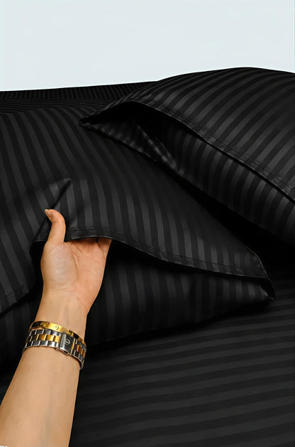 Stripe Fitted Bedsheet With 2Pillow Case (Black)
