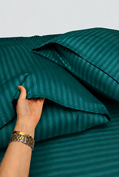 Stripe Fitted Bedsheet With 2Pillow Case (Deep Teal Green)