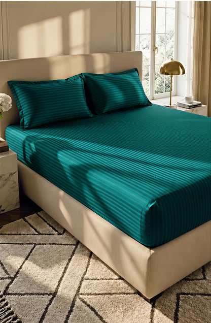 Stripe Fitted Bedsheet With 2Pillow Case (Deep Teal Green)