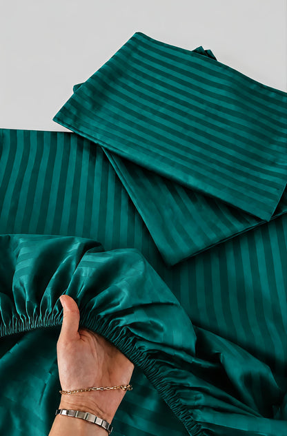 Stripe Fitted Bedsheet With 2Pillow Case (Deep Teal Green)