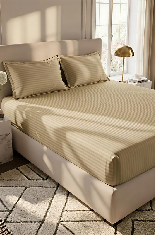 Stripe Fitted Bedsheet With 2Pillow Case (Beige)
