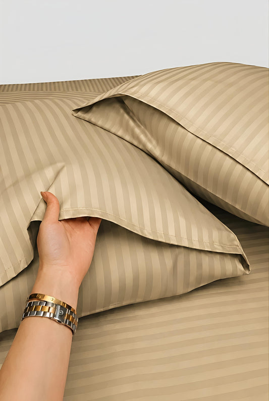 Stripe Fitted Bedsheet With 2Pillow Case (Beige)