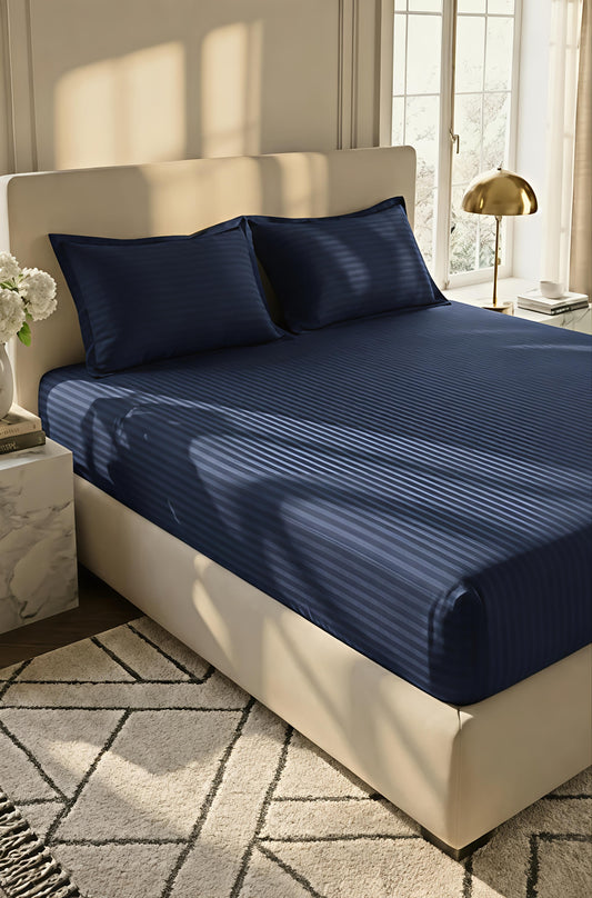 Stripe Fitted Bedsheet With 2Pillow Case (Navy)