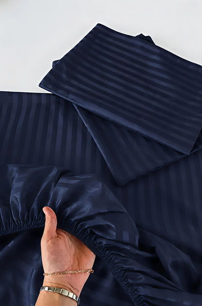 Stripe Fitted Bedsheet With 2Pillow Case (Navy)