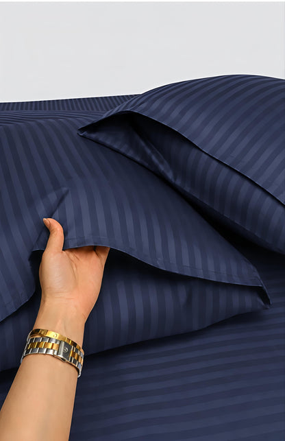 Stripe Fitted Bedsheet With 2Pillow Case (Navy)