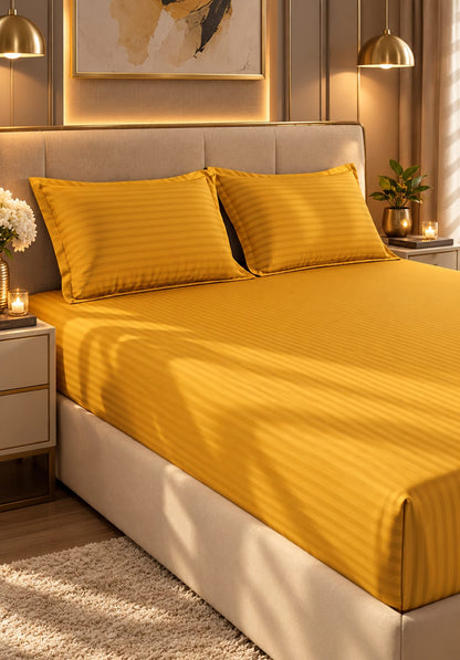 Stripe Fitted Bedsheet With 2Pillow Case (Mustard)