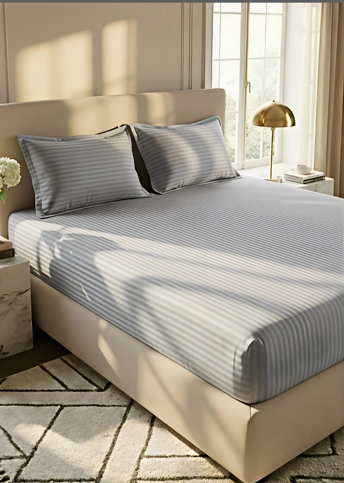 Stripe Fitted Bedsheet With 2Pillow Case ( Silver Gray)