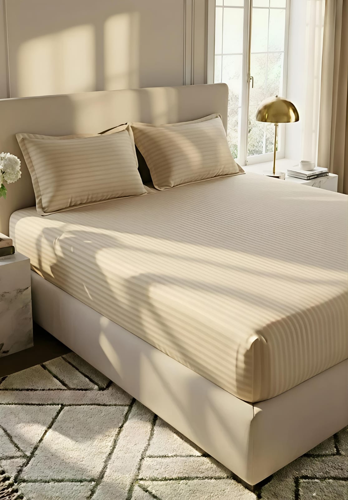 Stripe Fitted Bedsheet With 2Pillow Case (Baige)