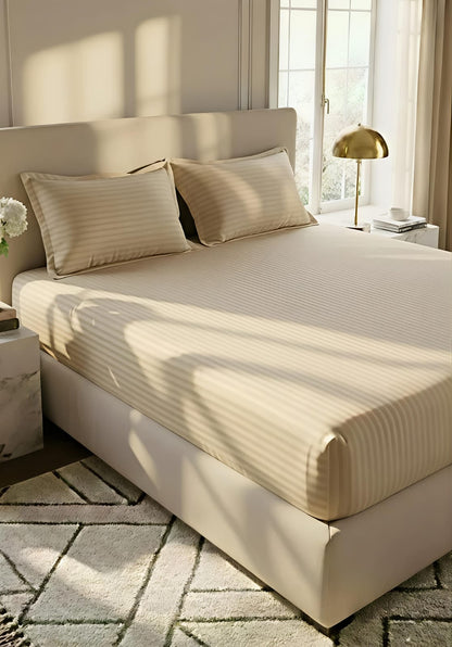 Stripe Fitted Bedsheet With 2Pillow Case (Baige)