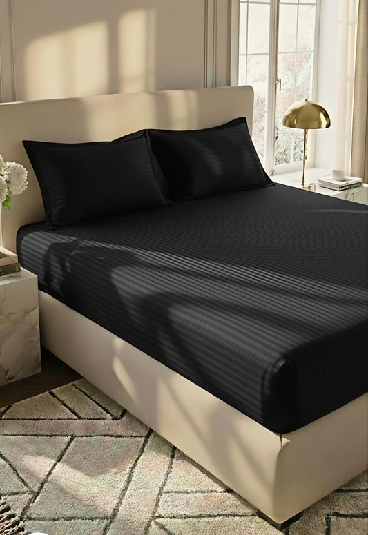 Stripe Fitted Bedsheet With 2Pillow Case (Black)