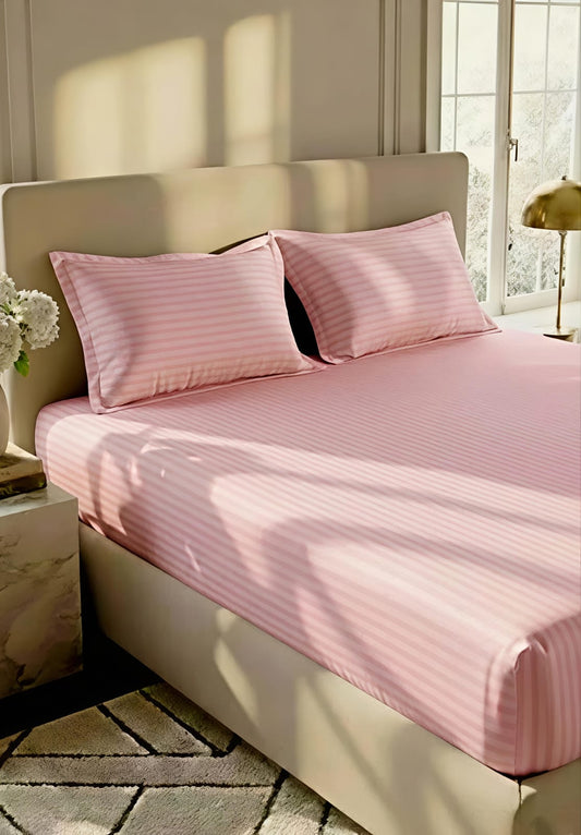 Stripe Fitted Bedsheet With 2Pillow Case (baby pink)
