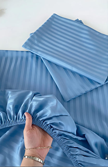 Stripe Fitted Bedsheet With 2Pillow Case ( Sky blue)